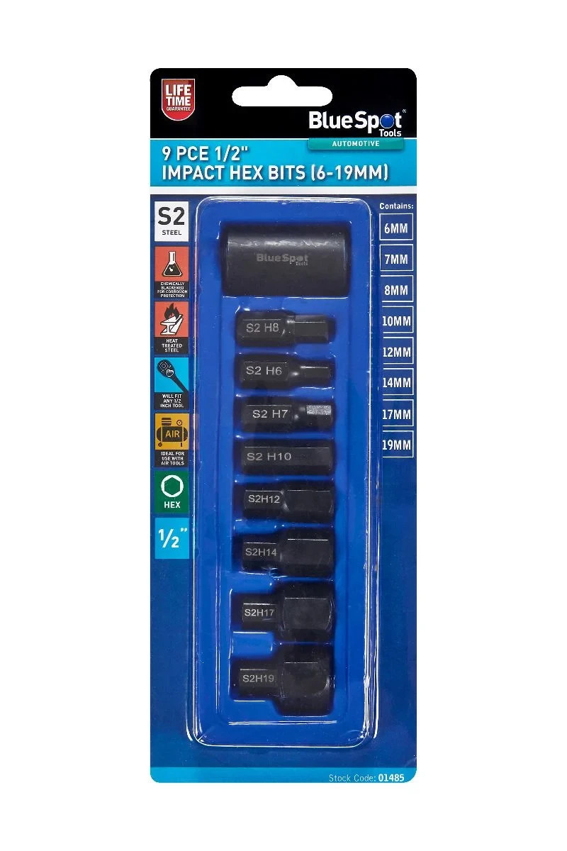 Blue Spot Tools 9 PCE 1/2"" Impact Hex Bits (6-19mm) (01485)