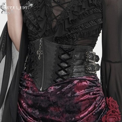 Eva Lady Women Black Gothic Buckled Pattern Leather Girdle Vintage Slim Corset
