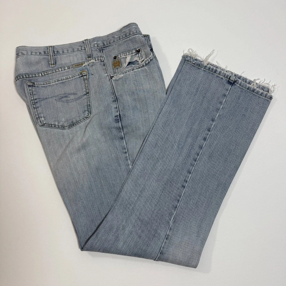 Cinch Western Jeans Straight Leg Men's Size 35x34 5 Pocket Distressed Light Wash - Image 3 of 4