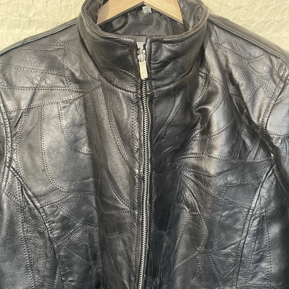 Vtg Cellini Leather Jacket Mens Size XL Black Mosaic Stitch NWT - Image 4 of 4