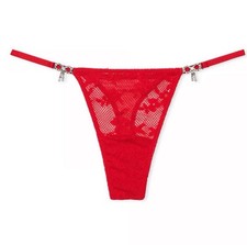 Victoria  s Secret Dream Angels Rhinestone Twinkle Bow Lace Red Thong Panty Sz L