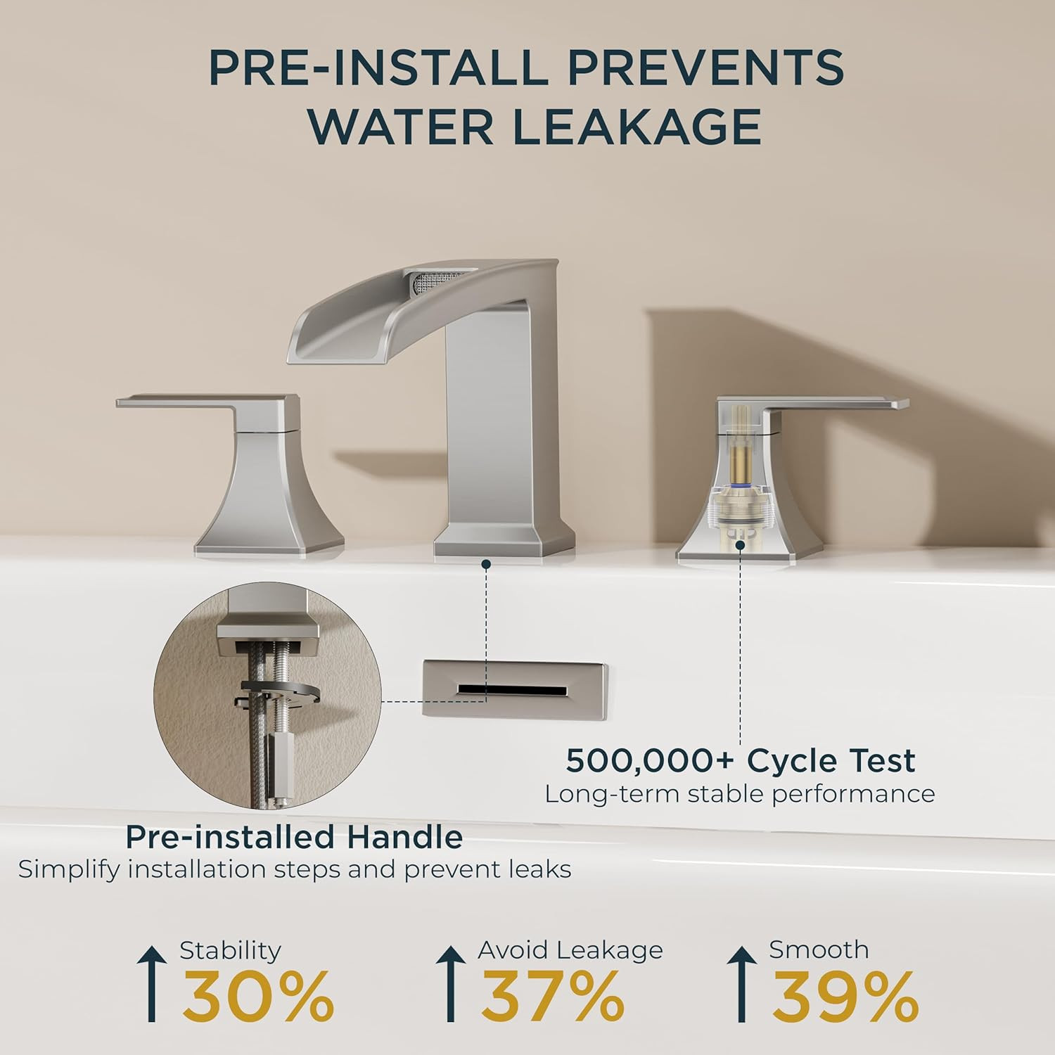 Brushed Nickel 3-Hole Waterfall Bathtub Faucet Set with Pre-Installed Hose