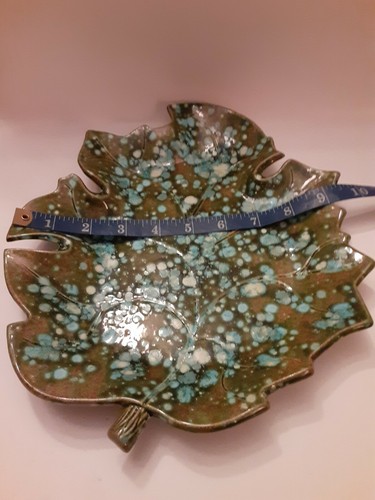 Vtg Art Deco Leaf Table Dish Bowl Ceramic Bubbles of Aqua & White, Green 11"x 9" - Bild 8 von 8