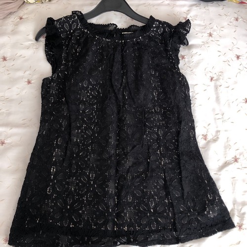 Oasis Ladies size XS black Evening Lacy Frilly sleeve & Neck top Pit -pit 16”