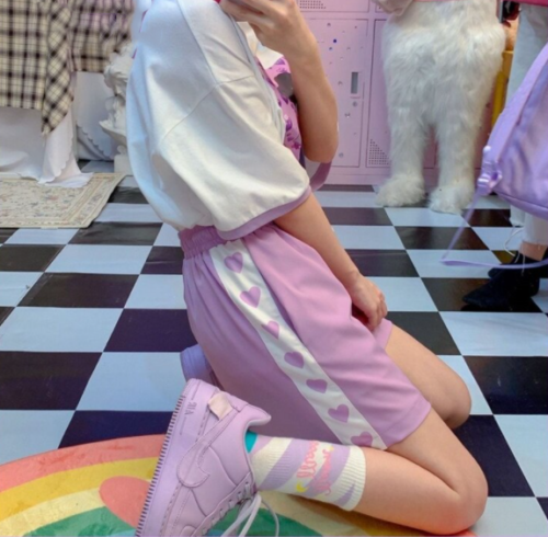 Harajuku Lavendel Herz Kordelzug Shorts Kawaii Sweet Love helllila kurz - Bild 8 von 9