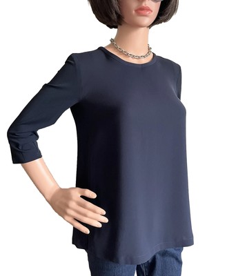 MAX MARA Tunic Top XS 34 Navy Blue Silky Crepe Stretch 3/4 Sleeve 