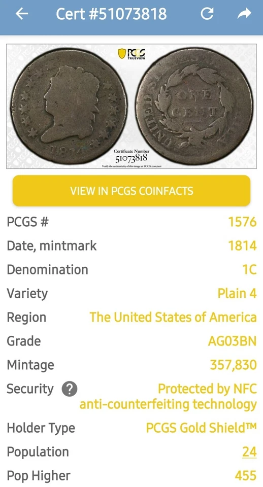 1814 Classic Head Large Cent 1¢ - Graded PCGS AG3 BN - Plain 4 - Image 4 of 4