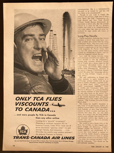 1958 Time Magazine ad - TCA TRANS-CANADA AIR LINES & WESTINGHOUSE HIGH FIDELITY