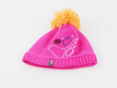 Mädchen Jack Wolfskin Pfotenmuster Strickmütze rosa warm Wintermütze mit Bommel