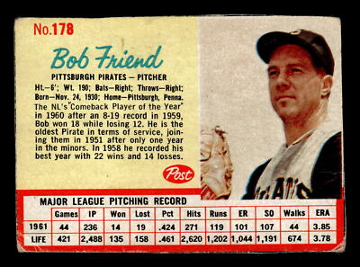Bob Friend 1962 Post Cereal #178 Pittsburgh Pirates Pr-Gd