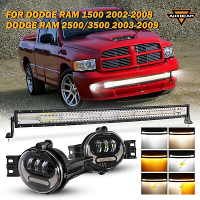 AUXBEAM 42'' Strobe Amber Curved LED Light Bar + Fog Light For Dodge Ram 2002-09
