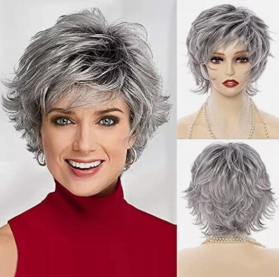 Ombre Gray Natural Short Wig for White Women Pixie Cut with Bangs Layered Wig
