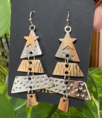 Christmas Tree Pierced Earrings 3” Gold Silver Tiered Dangling