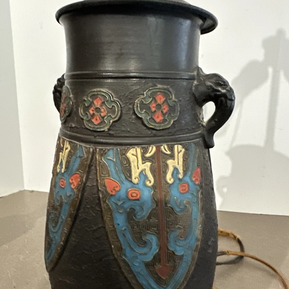 Antique Art Deco Era Tall Black Champleve Tokoname Vase Japan Converted To Lamp - Image 3 of 4