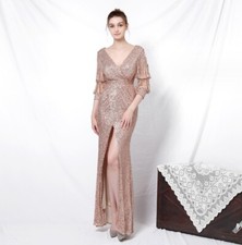 New Lady Sequin Elegant Formal Evening Party Dress Gown Prom Pageant Long Sleeve