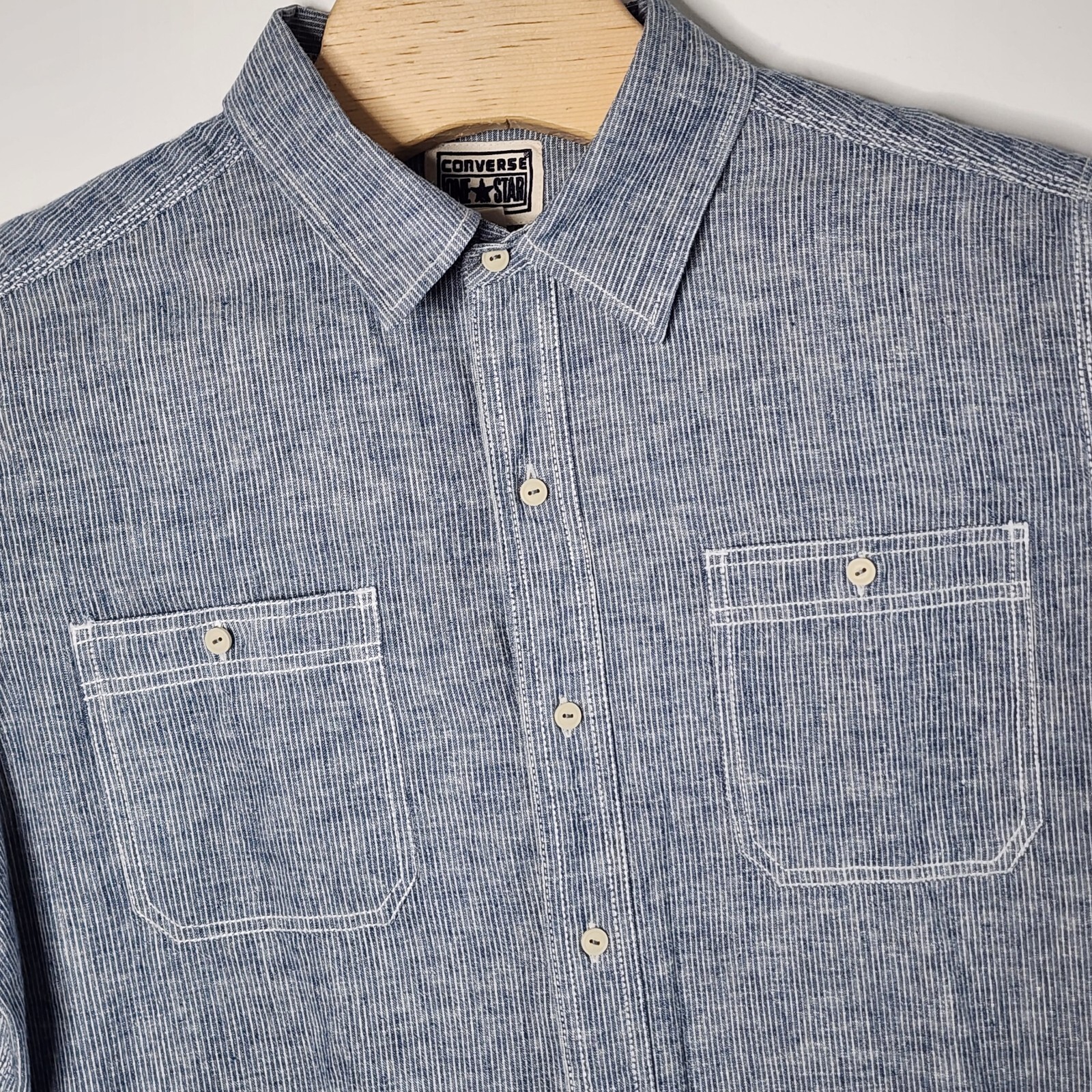 Converse One Star Mens Button Shirt Blue White Stripe Pockets Size XL