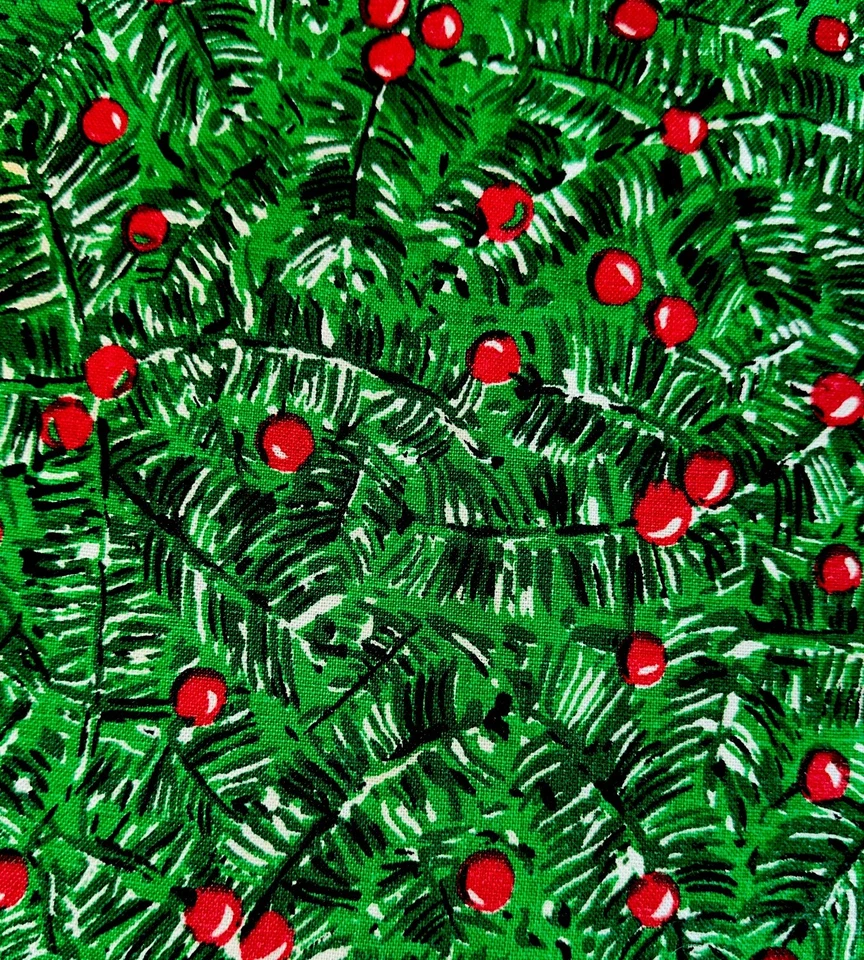 复古 50 年代 MCM 常绿圣诞节亚麻桌布 48 英寸 x 75 英寸带红色绒球特别 — 第 3/4 张图片