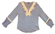 Tesoro Moda Top S Blue Gauze Tassel Tunic Embroidered Boho Blouse *stitching
