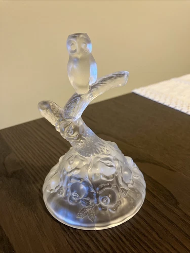 Fenton Owl On Tree Branch Figurine/Ring Holder. Cabbage Roses Frosted. Signed.