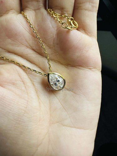Real Moissanite Pear Cut Pendant Solitaire Bezel Set Pendant Necklace Gift Her - Picture 8 of 10