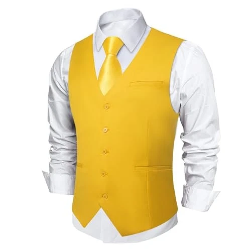  Men's Formal Suit Vest Solid Business Vest Slim Fit V-Neck 3X-Large Yellow - Image 2 of 4
