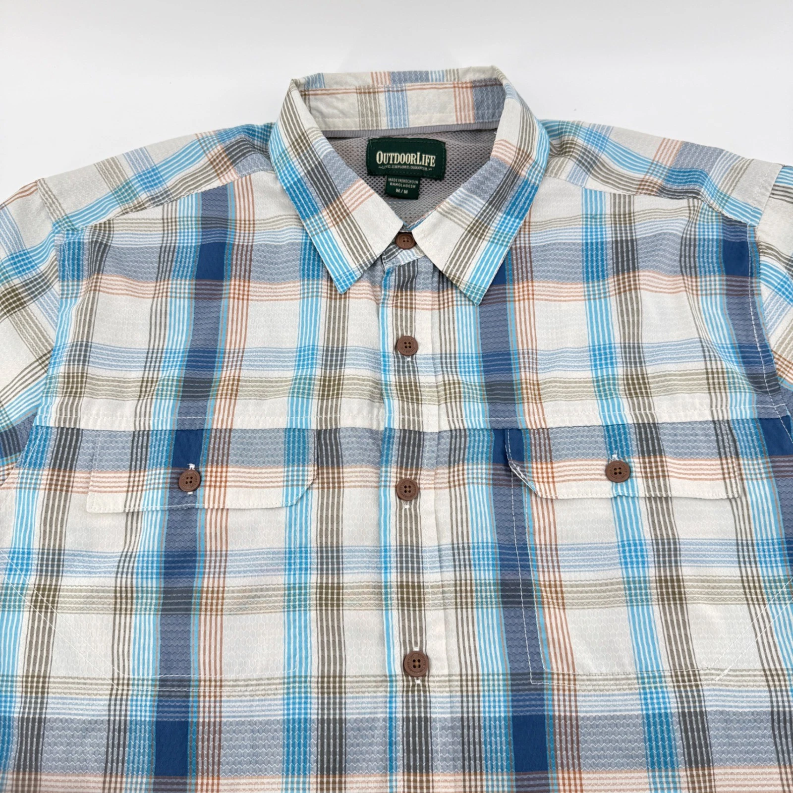 Outdoor Life Mens Blue Plaid Short Sleeve Hiking Fishing Shirt Medium Mesh Lined
