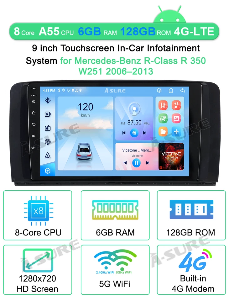 6+128G 适用于梅赛德斯-奔驰 R350 W251 2006-2013 Carplay Android 14 立体声收音机 GPS — 第 2/4 张图片