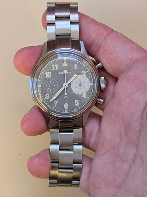 Merkur Big Eye Grey Seagull St 1901 mechanical chronograph watch with bracelet.