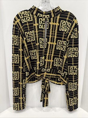 Riley & James Juniors 3X L/S Cropped Top Open Tie Back Black/Gold Chain Link NWT