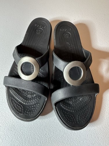 Crocs Black And Silver Slip On Sandals Size 9 - Picture 3 of 7