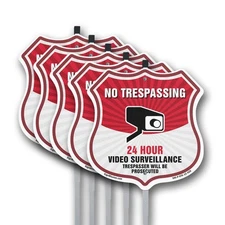 No Trespassing Shield Sign 24 Hour Video Surveillance Tr Shield Sign With Stake
