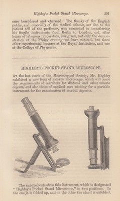 HIGHLEY'S POCKET STAND MICROSCOPE. AN ORIGINAL UNCOMMON ARTICLE FROM THE INTELLE