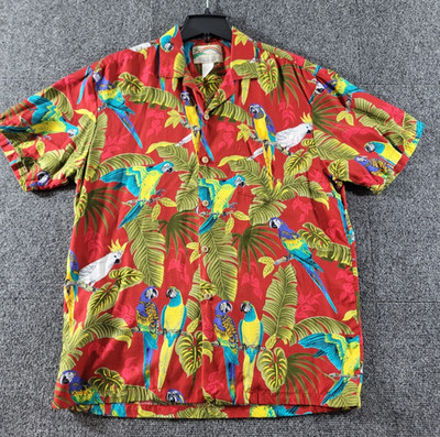 Vintage Paradise Found Camp Rayon Hawaiian Shirt Mens L Red/Multi Parrots