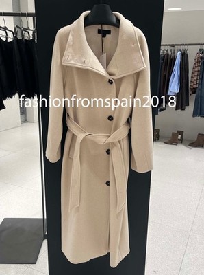 ZARA NEW WOMAN BELTED LONG WOOL COAT WITH HIGH NECK BEIGE XS-XXL 2095/319/710