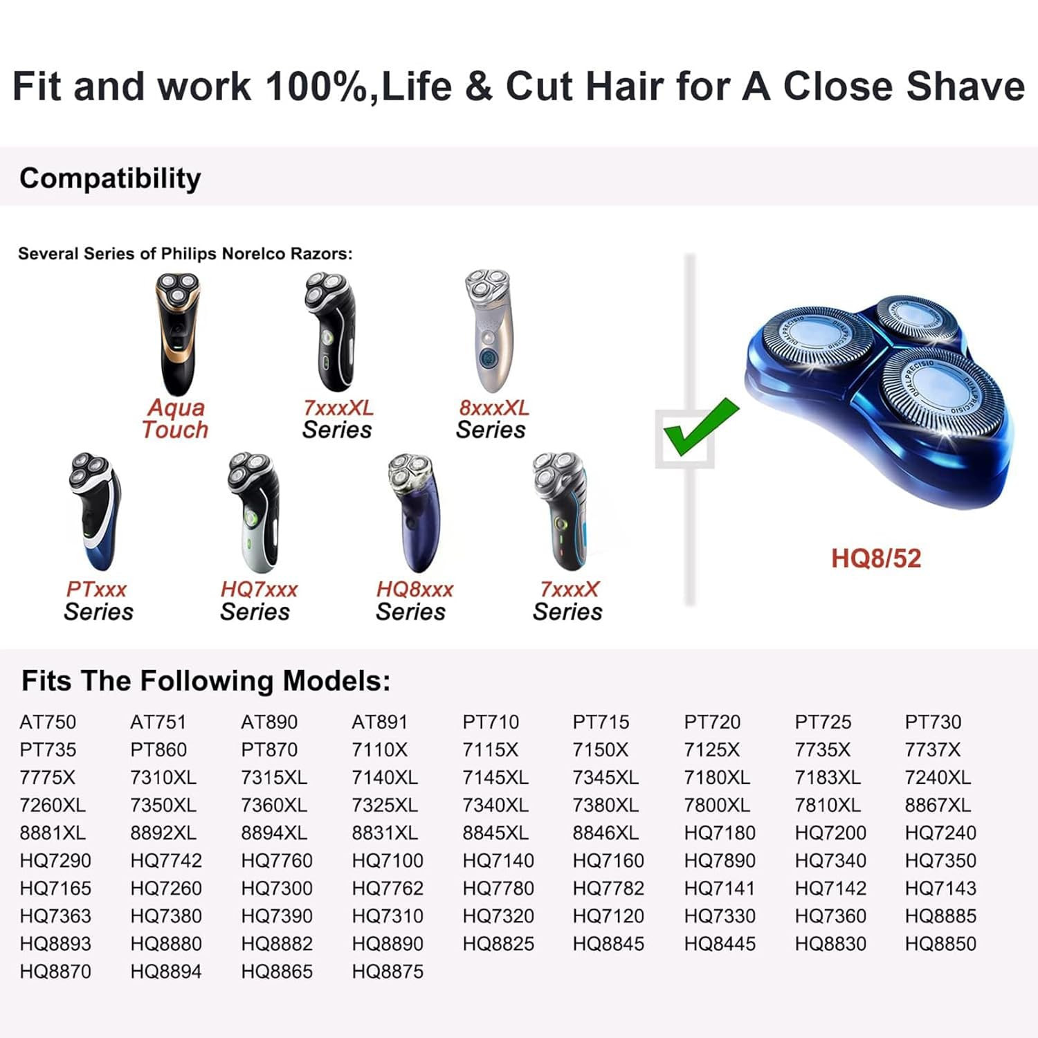 HQ8 Replacement Heads Compatible with Philips Norelco Aquatec Shaving Head Razor