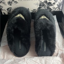 Victoria's Secret Black Faux Fur Slip-On Slippers Medium Gold Logo