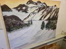 Contemporary oil on board New England Mountain landscape, Snowscape Signed YVG