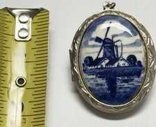 1960's Delft Blue Enamel Windmill Locket Necklace Silvertone w Chain