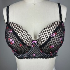 Victoria's Secret Dream Angels Lined Demi Bra 32DDD Black Fishnet Floral Pink
