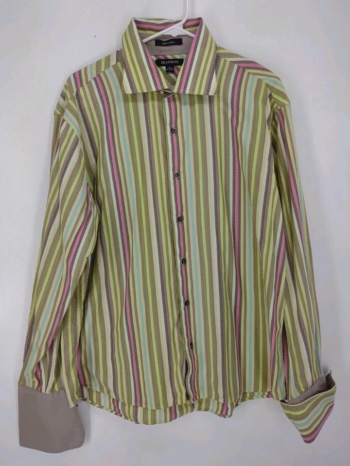 Brandini Dress Shirt Men's Size XL Striped Long Sleeve Flip Cuff Multicolor - Image 3 of 4