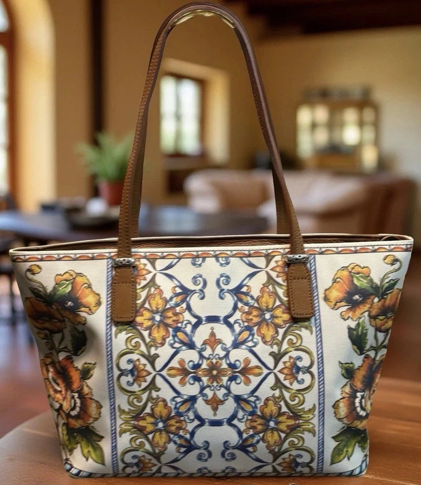 Bolso de Mano Shopper Brighton Bella Lucca Italiano Floral Cuero Blanco Naranja Azul Foto 4 de 4