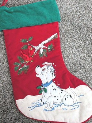 Vintage Disney 101 Dalmatians Embroidered Applique Christmas Stocking 90s Velvet