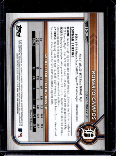 2022 Bowman Draft Roberto Campos Sky Blue #148/499 Tigers - Picture 2 of 2