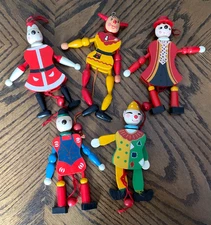 5 Vntg Wood Marionette Jumping Jack Pull String Ornaments Clown Austrian Santa