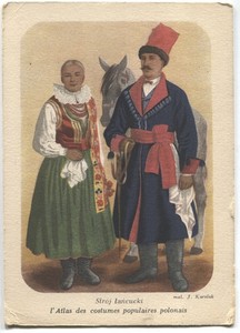POSTCARD Poland folk costumes ethnic type Lancut wedding couple blouse vest old
