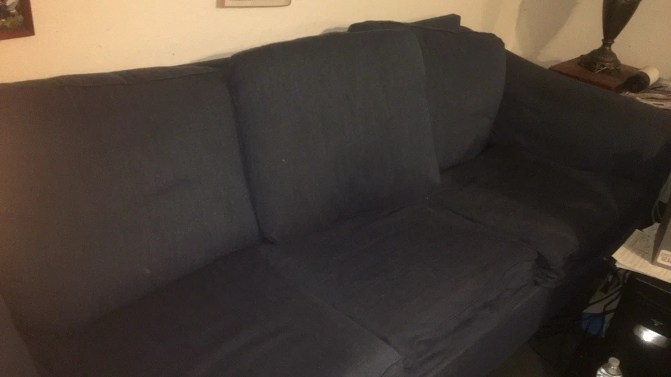 92 Inch Ashley Furniture Sofa Couch with Pillows In Blue Fabric; Contemporary - Image 2 of 4