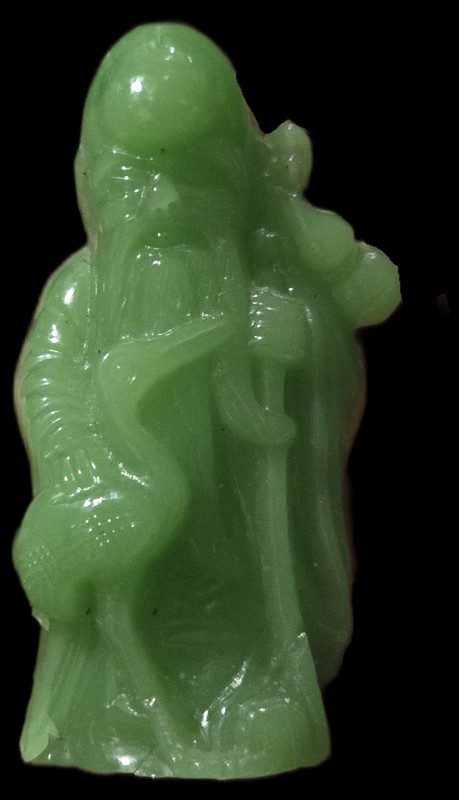 Japanese Jade Green Glass Fukurokuju Figurine Lucky God Longevity Shou 4"