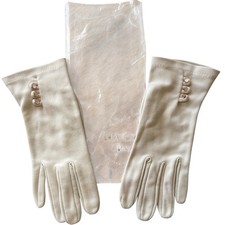 Vintage 1950s Lady Gay Gloves Size 8 Nylon With ORIGINAL BAG Tan Beige Buttons