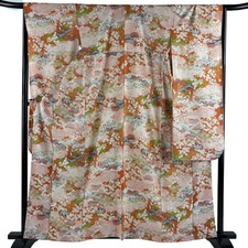 JAPANESE KIMONO FURISODE Orange 161cm 5 ft 3 in PURE SILK AA9195