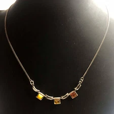 2664 Sterling Silver Egg yolk green baltic Amber squares 18"  6.7 grams